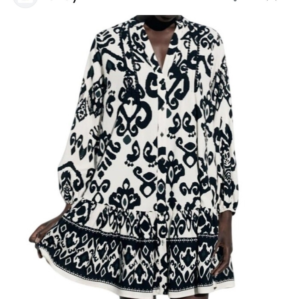 Zara Black and White Mini Sundress with Bishop Sleeves